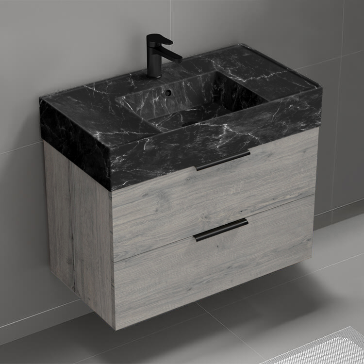 Nameeks DERIN891 Grey Oak Bathroom Vanity With Black Marble Design Sink, Wall Mounted, Modern, 32 Inch